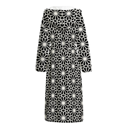Black And White Geometric Floral Print Hooded Bathrobe
