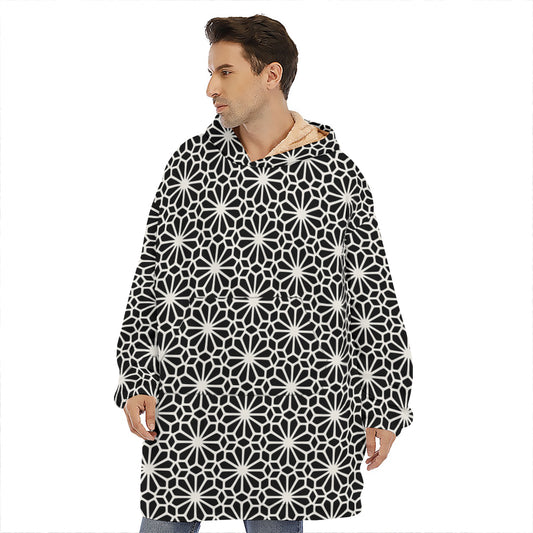 Black And White Geometric Floral Print Hoodie Blanket