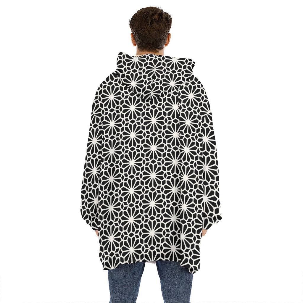 Black And White Geometric Floral Print Hoodie Blanket
