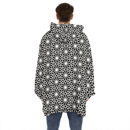 Black And White Geometric Floral Print Hoodie Blanket