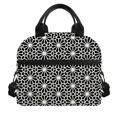 Black And White Geometric Floral Print Insulated Lunch Bag