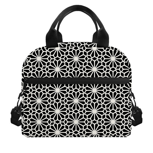 Black And White Geometric Floral Print Insulated Lunch Bag