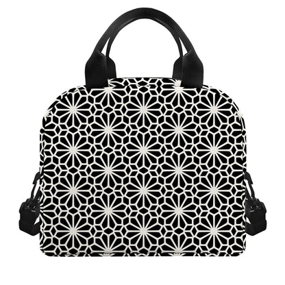 Black And White Geometric Floral Print Insulated Lunch Bag
