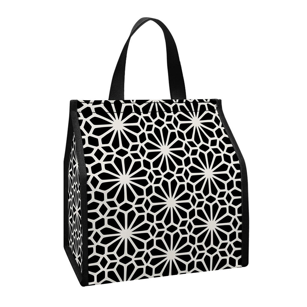 Black And White Geometric Floral Print Insulated Lunch Tote