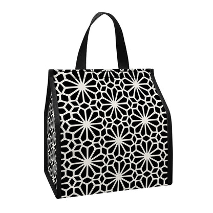 Black And White Geometric Floral Print Insulated Lunch Tote