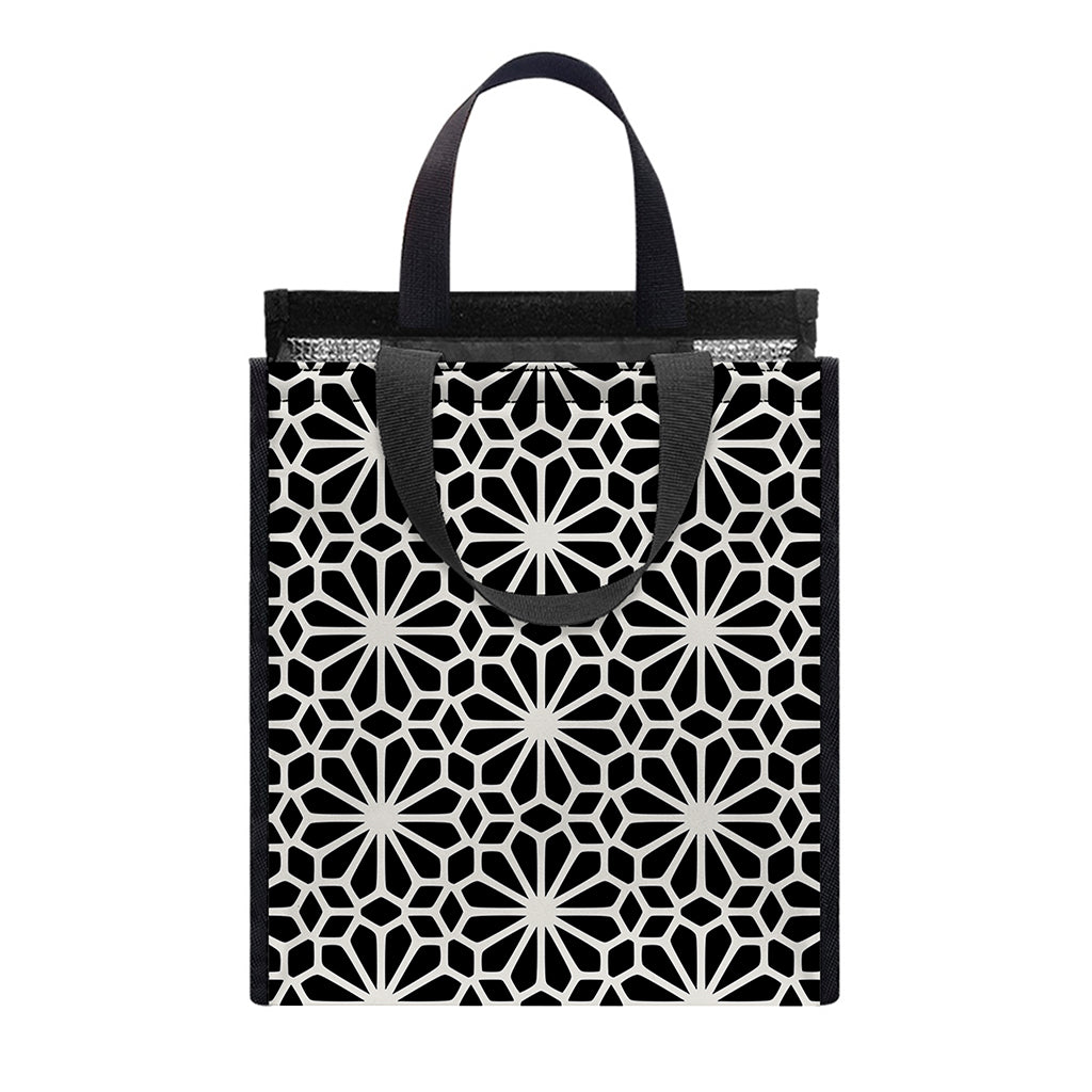 Black And White Geometric Floral Print Insulated Lunch Tote