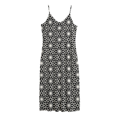 Black And White Geometric Floral Print Jersey Midi Cami Dress