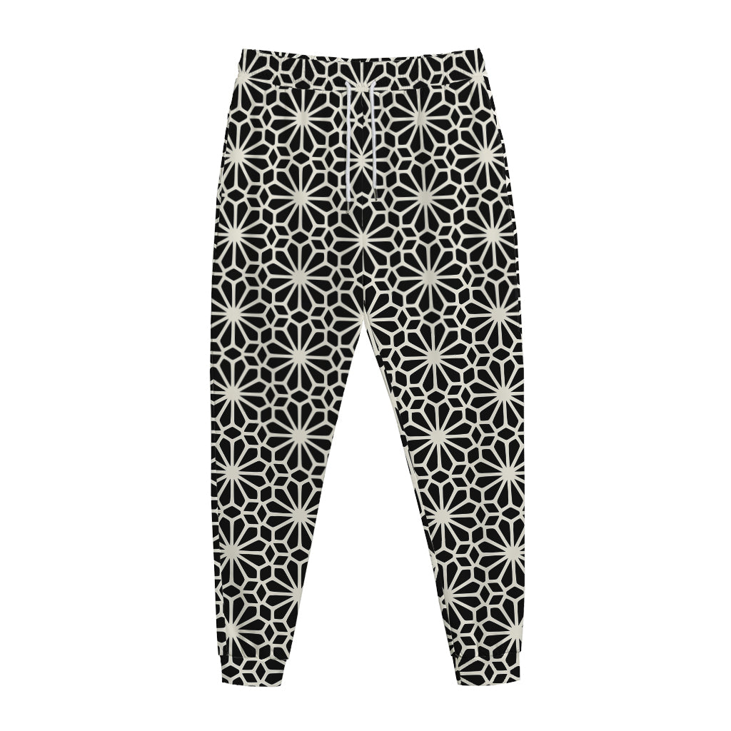 Black And White Geometric Floral Print Jogger Pants