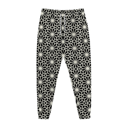 Black And White Geometric Floral Print Jogger Pants
