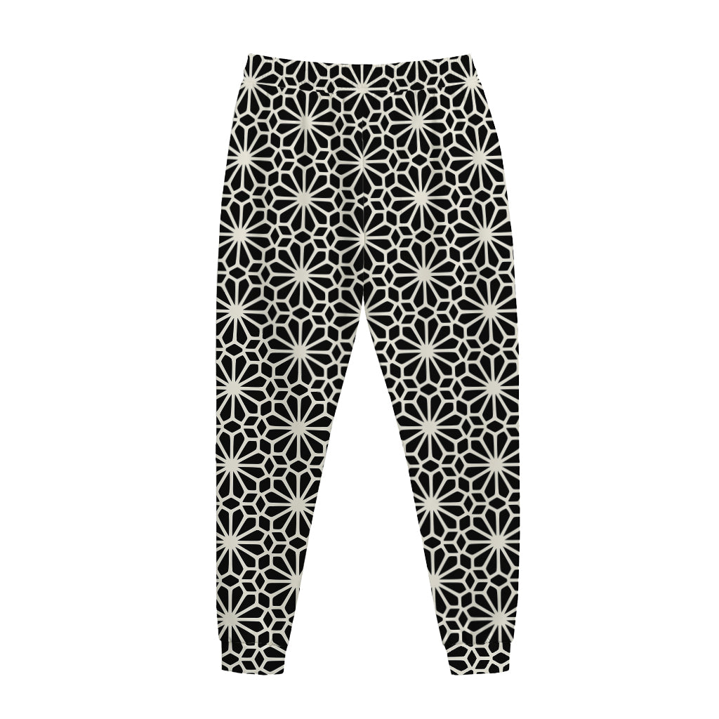 Black And White Geometric Floral Print Jogger Pants