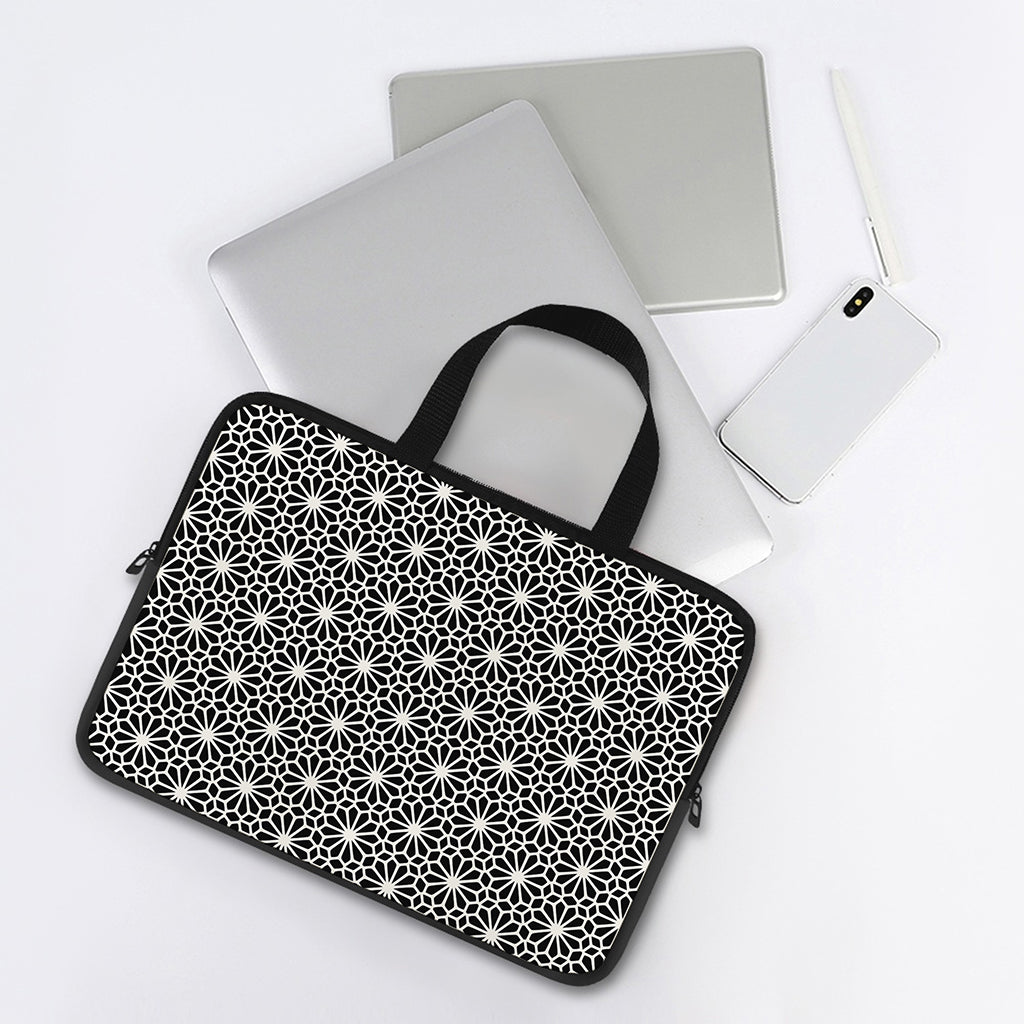 Black And White Geometric Floral Print Laptop Sleeve With Handle