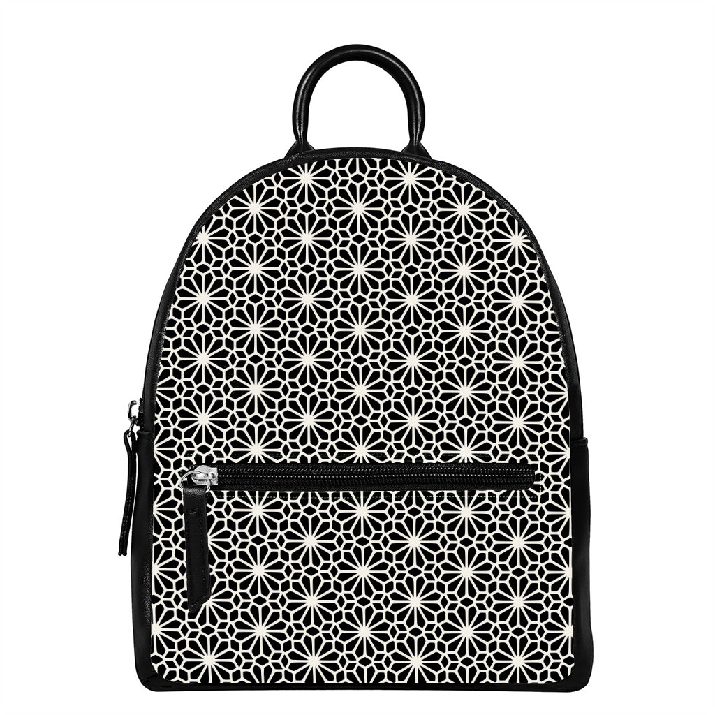 Black And White Geometric Floral Print Leather Backpack
