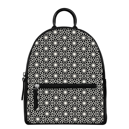 Black And White Geometric Floral Print Leather Backpack