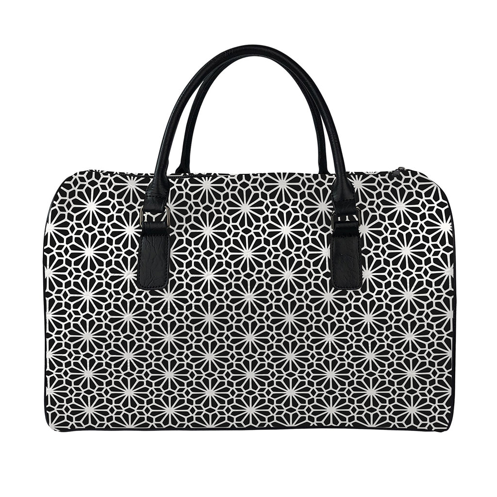 Black And White Geometric Floral Print Leather Duffle Bag
