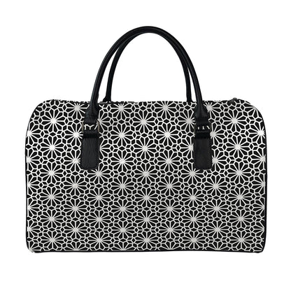 Black And White Geometric Floral Print Leather Duffle Bag