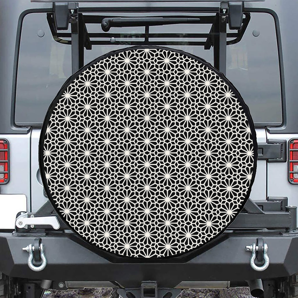 Black And White Geometric Floral Print Leather Spare Tire Cover