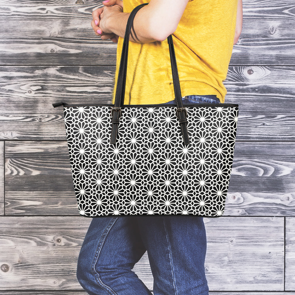 Black And White Geometric Floral Print Leather Tote Bag