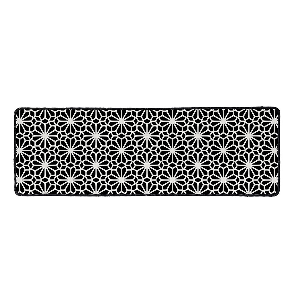 Black And White Geometric Floral Print Long Kitchen Mat
