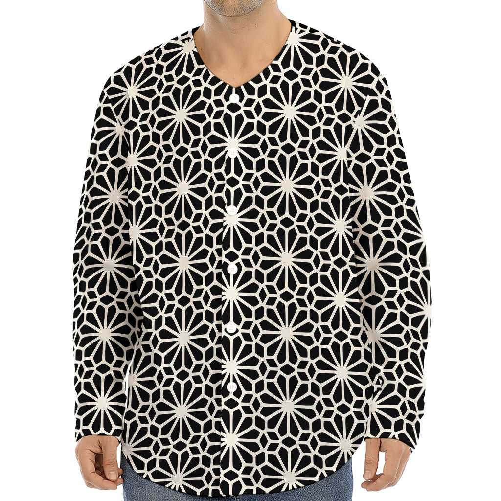 Black And White Geometric Floral Print Long Sleeve Baseball Jersey