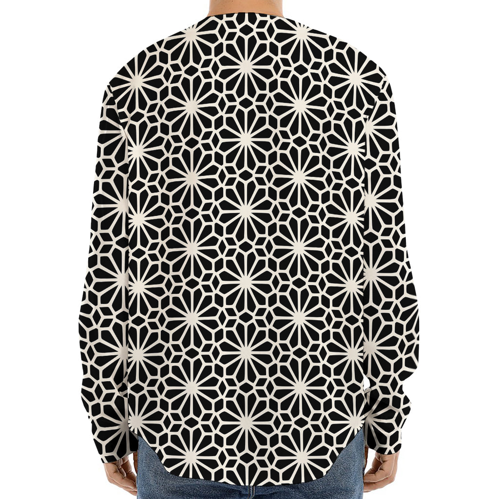 Black And White Geometric Floral Print Long Sleeve Baseball Jersey