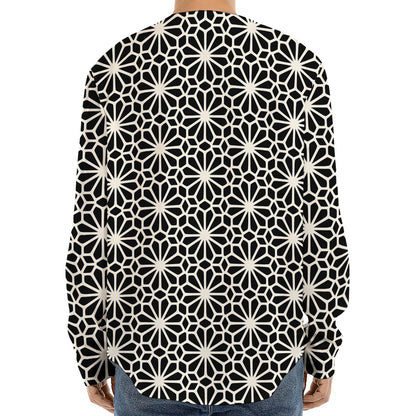 Black And White Geometric Floral Print Long Sleeve Baseball Jersey