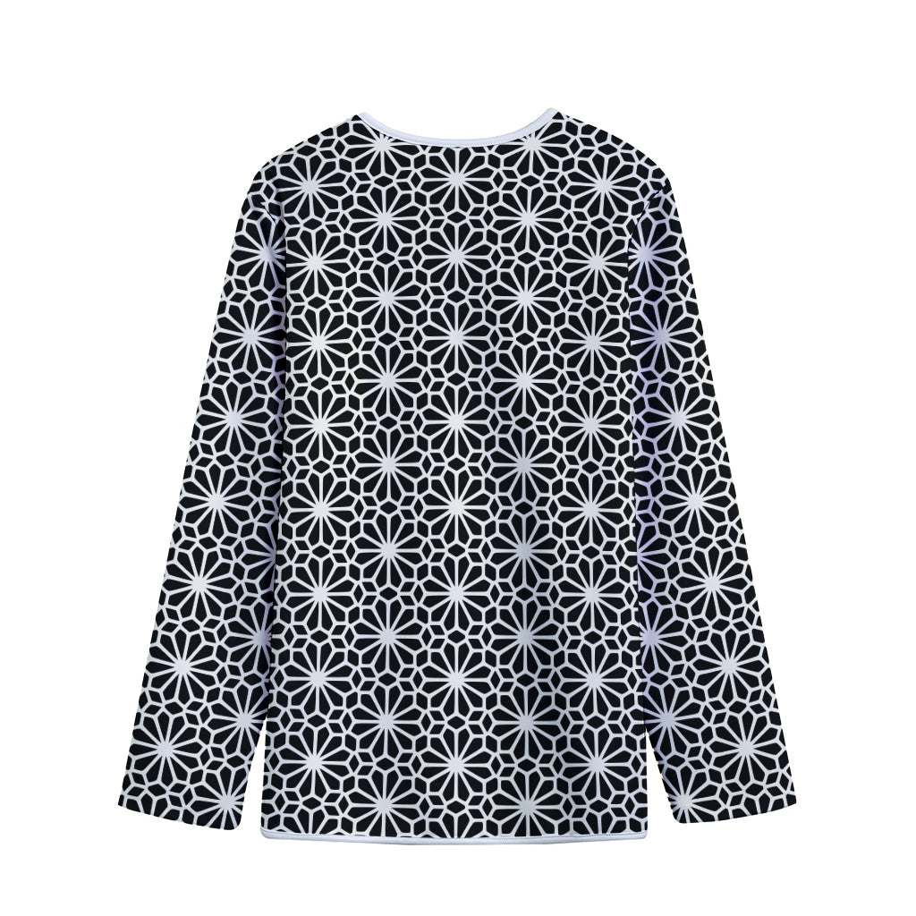 Black And White Geometric Floral Print Long Sleeve Short Coat