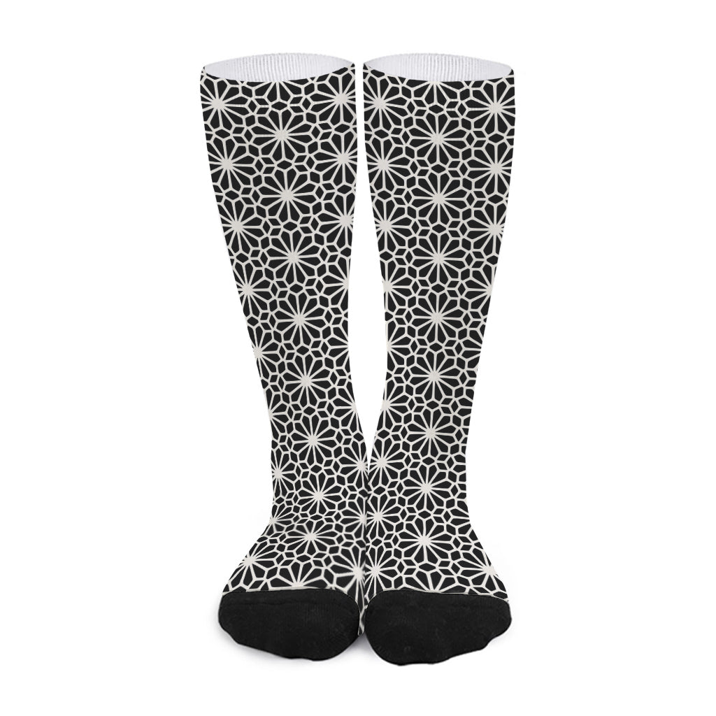 Black And White Geometric Floral Print Long Socks