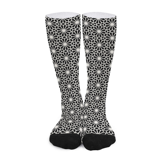 Black And White Geometric Floral Print Long Socks