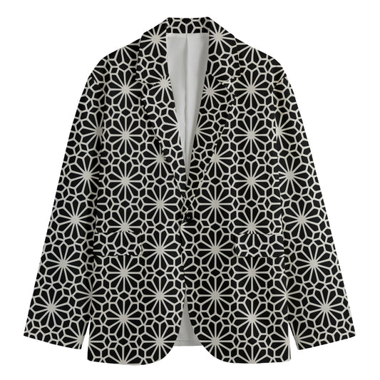 Black And White Geometric Floral Print Men's Blazer