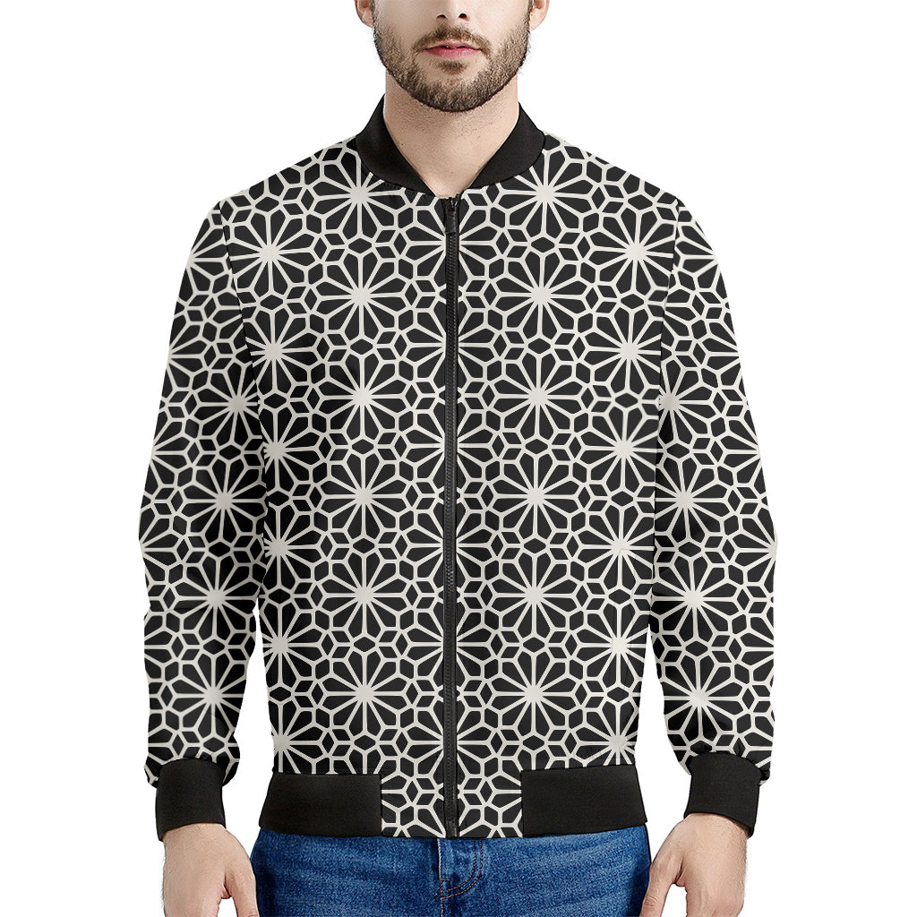 Black And White Geometric Floral Print Men's Bomber Jacket