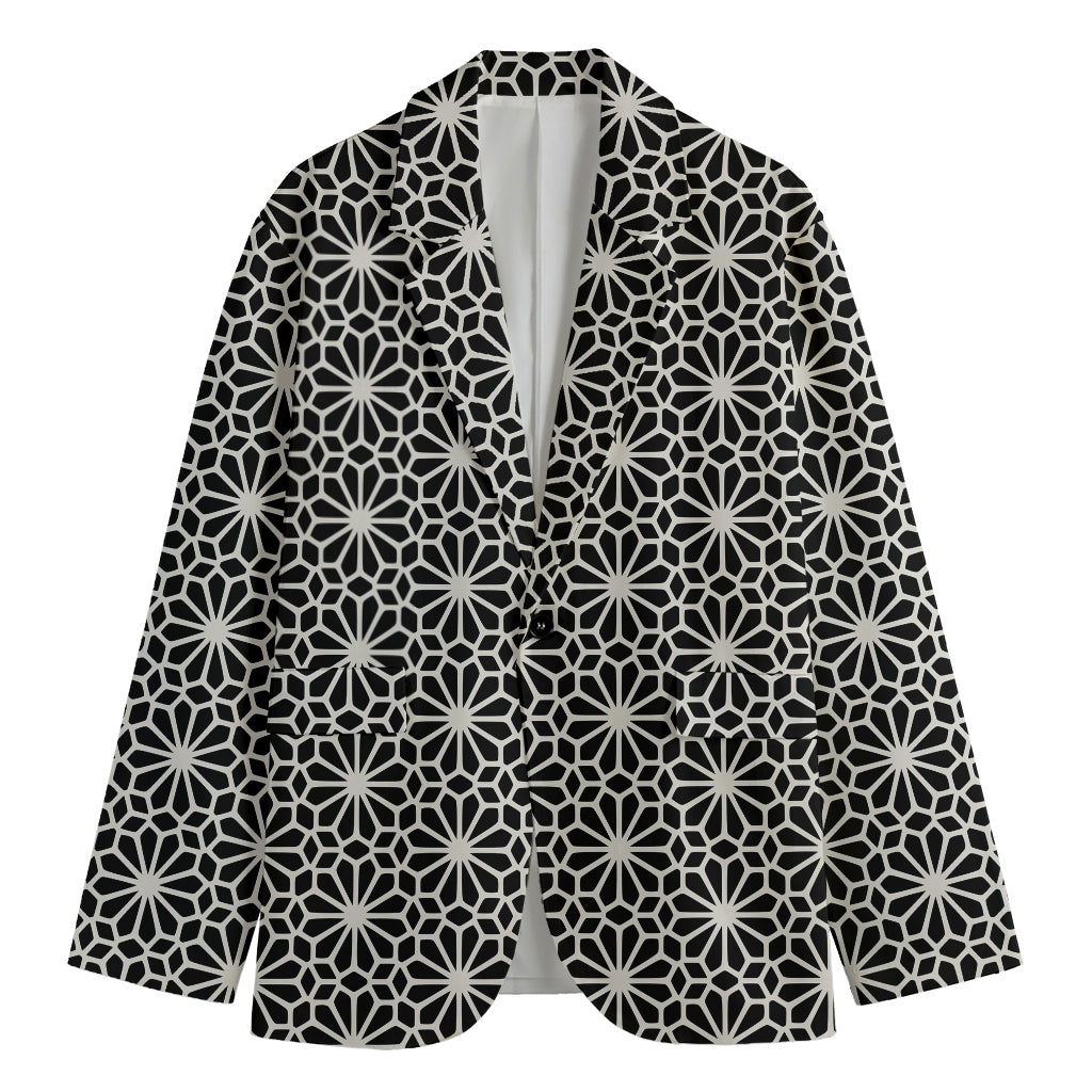 Black And White Geometric Floral Print Men's Cotton Blazer