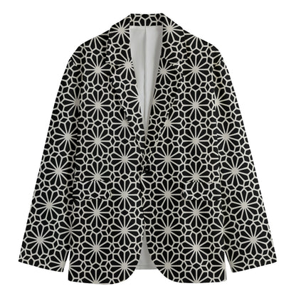Black And White Geometric Floral Print Men's Cotton Blazer