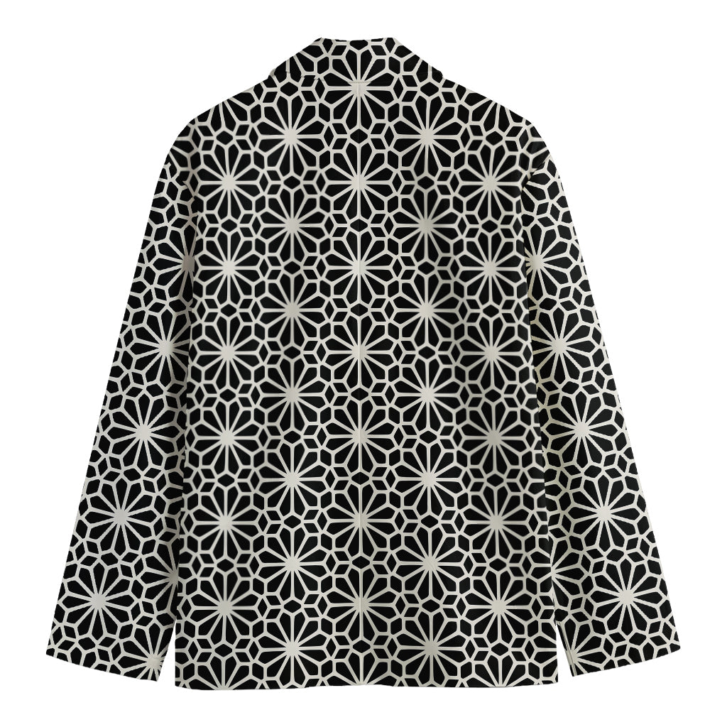Black And White Geometric Floral Print Men's Cotton Blazer