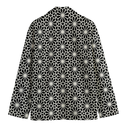 Black And White Geometric Floral Print Men's Cotton Blazer