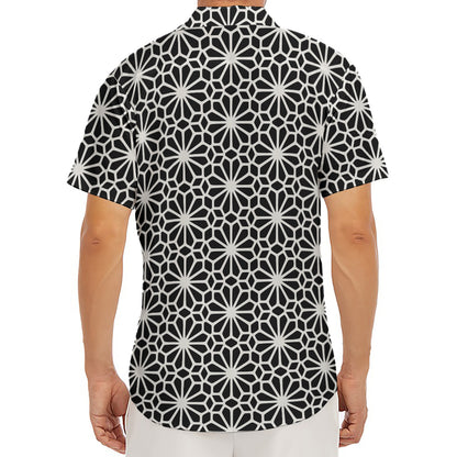 Black And White Geometric Floral Print Men's Deep V-Neck Shirt