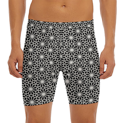 Black And White Geometric Floral Print Men's Long Boxer Briefs