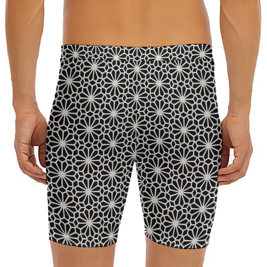 Black And White Geometric Floral Print Men's Long Boxer Briefs