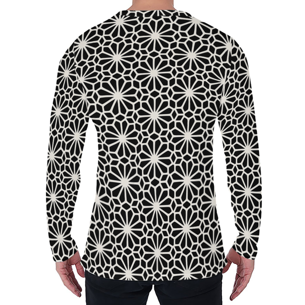 Black And White Geometric Floral Print Men's Long Sleeve T-Shirt