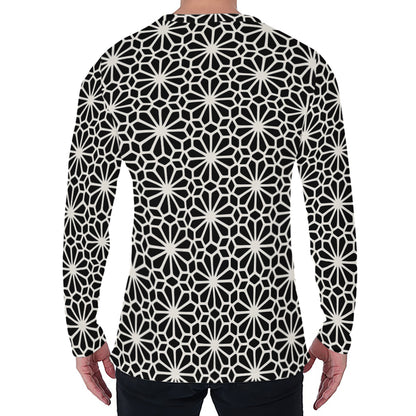 Black And White Geometric Floral Print Men's Long Sleeve T-Shirt