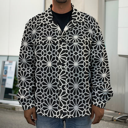 Black And White Geometric Floral Print Men's Shirt Jacket