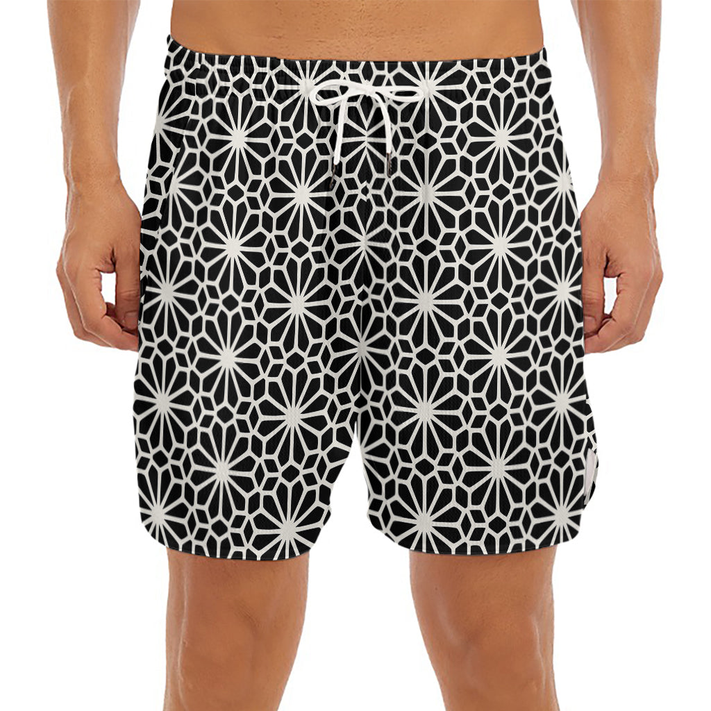 Black And White Geometric Floral Print Men's Split Running Shorts