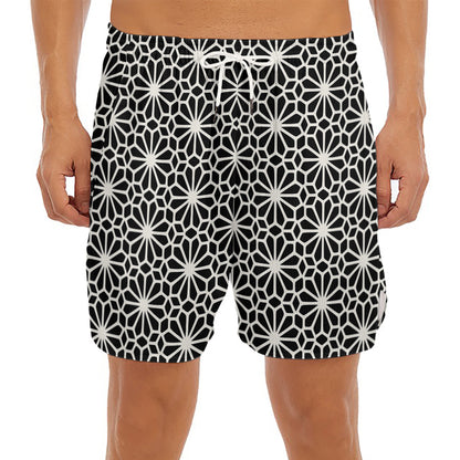 Black And White Geometric Floral Print Men's Split Running Shorts