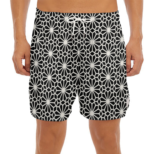 Black And White Geometric Floral Print Men's Split Running Shorts