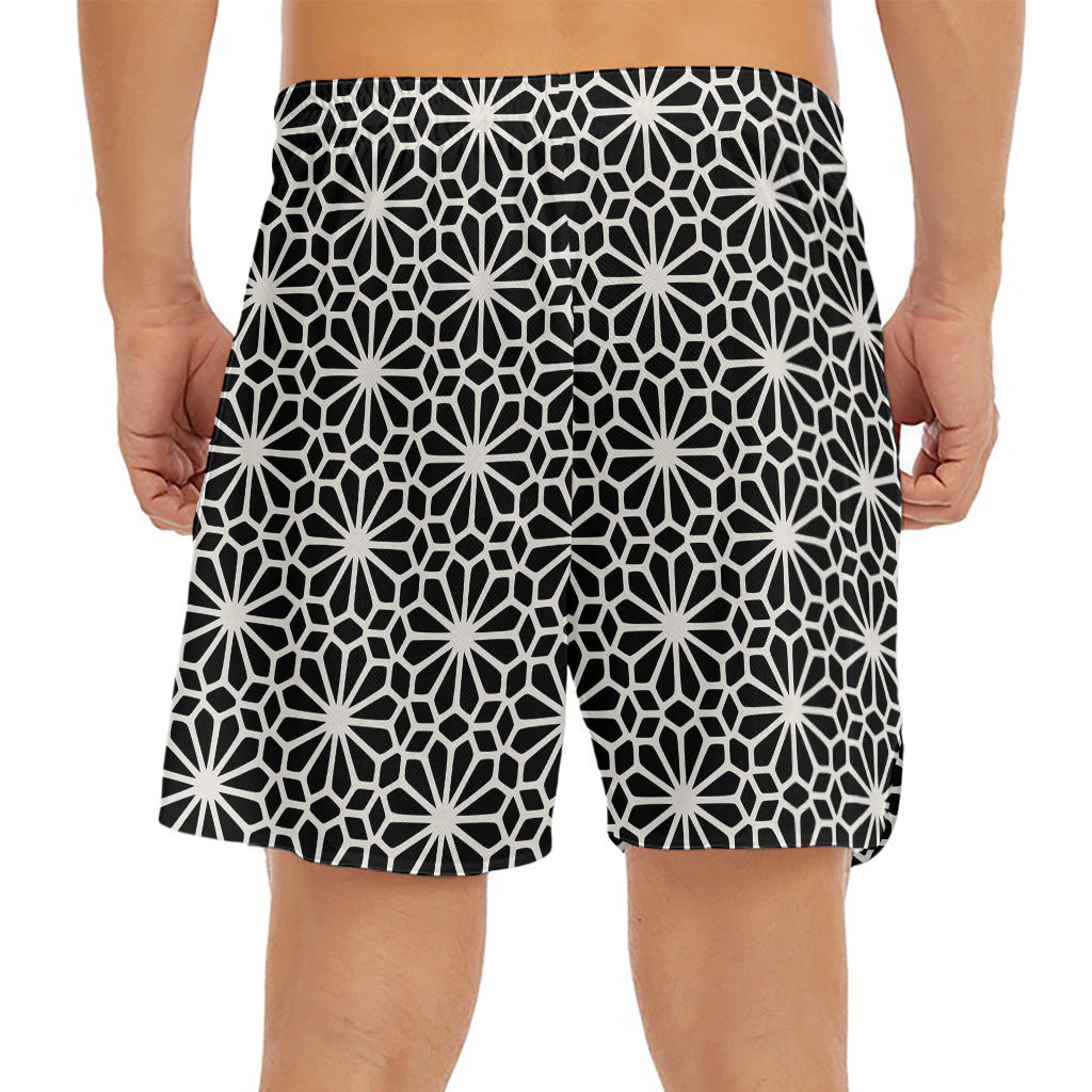 Black And White Geometric Floral Print Men's Split Running Shorts