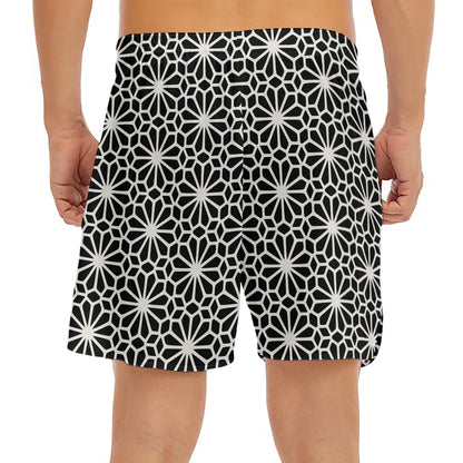Black And White Geometric Floral Print Men's Split Running Shorts