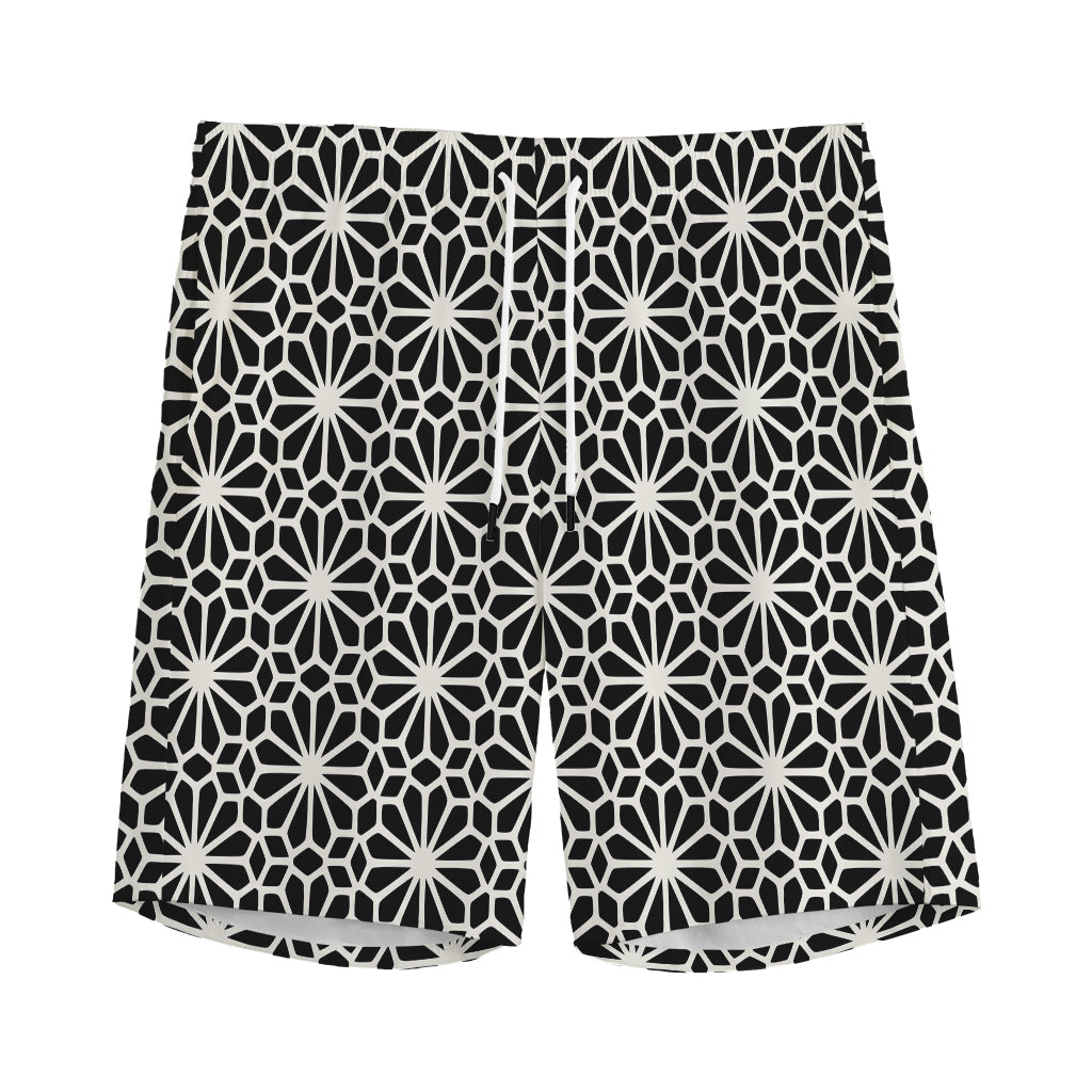 Black And White Geometric Floral Print Men's Sports Shorts
