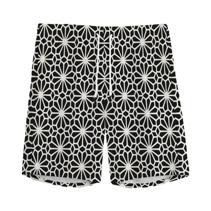 Black And White Geometric Floral Print Men's Sports Shorts