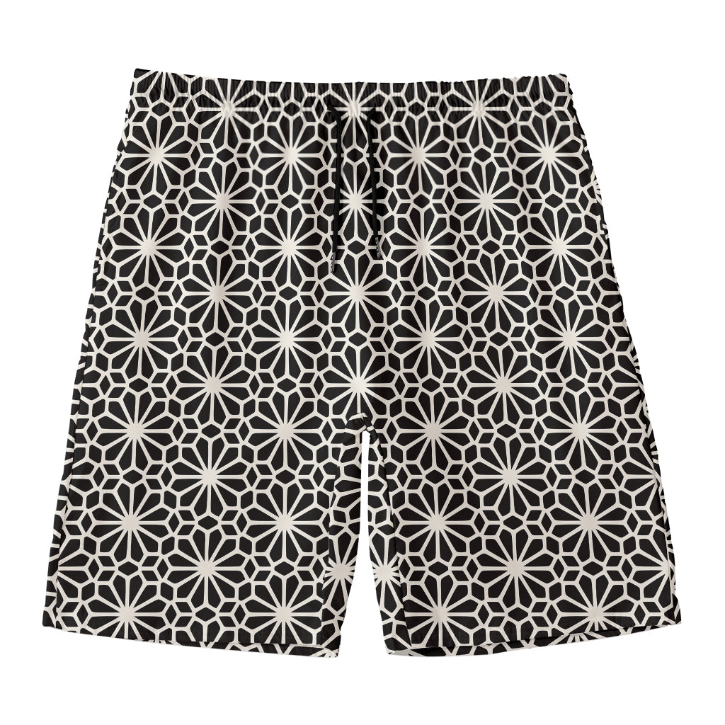 Black And White Geometric Floral Print Men's Swim Trunks