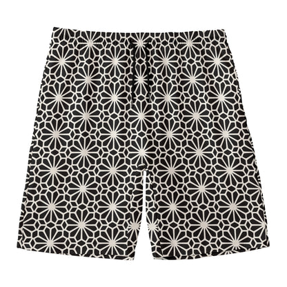 Black And White Geometric Floral Print Men's Swim Trunks
