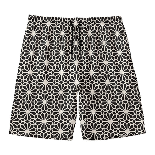 Black And White Geometric Floral Print Men's Swim Trunks